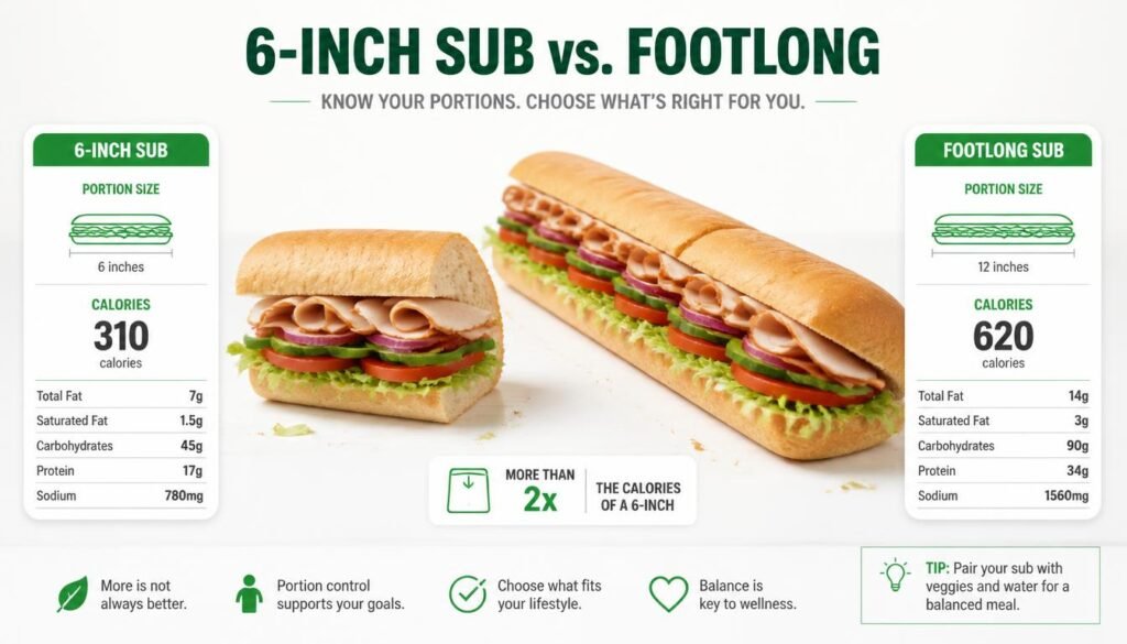 Subway calories comparison between 6-inch and footlong sandwiches
