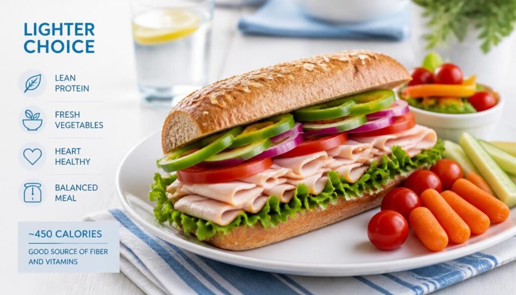lower calorie Subway 6 inch sandwich with vegetables and turkey