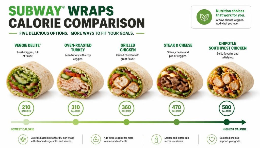 Subway wrap calories comparison showing low calorie, turkey, chicken, steak, and high calorie wraps