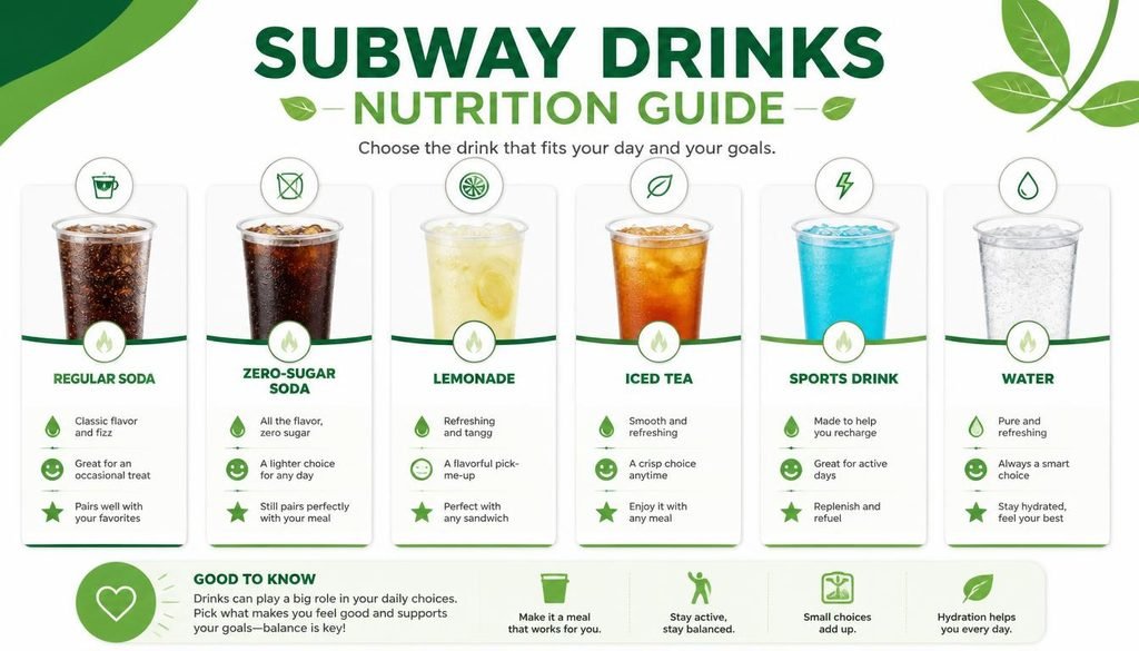 Subway drinks nutrition guide with calories for soda, lemonade, iced tea, sports drinks, and water
