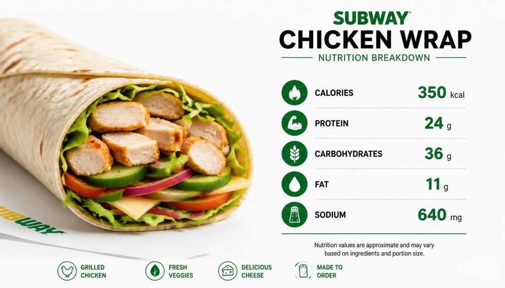 Subway wrap nutrition facts showing calories, protein, carbohydrates, fat, and sodium
