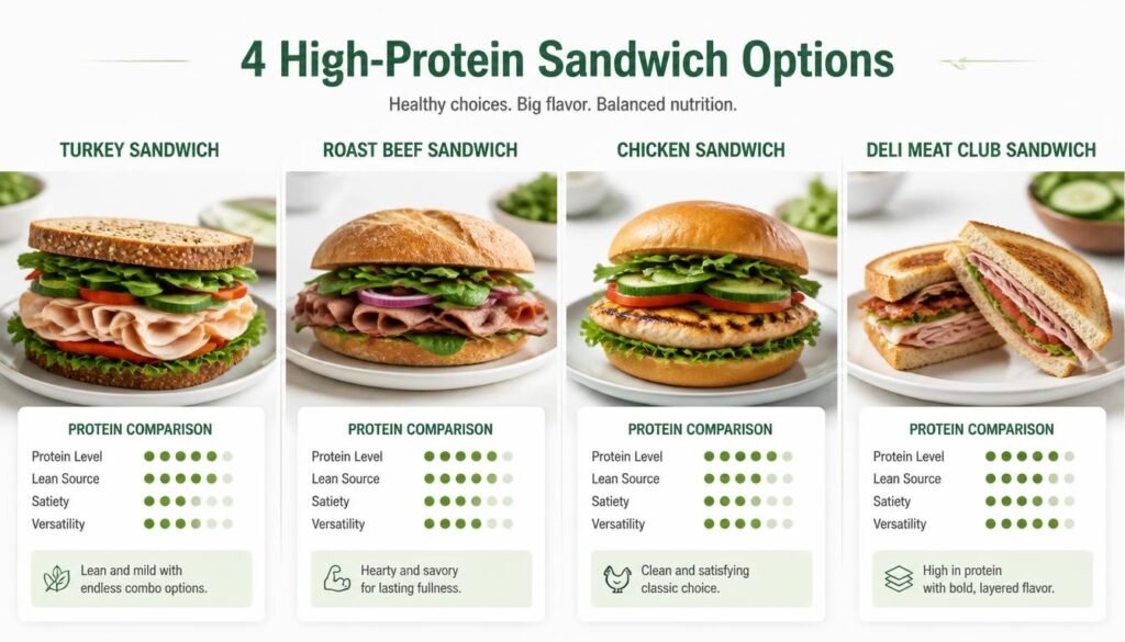 High protein Subway sandwich comparison featuring turkey, chicken, roast beef, and club sandwiches