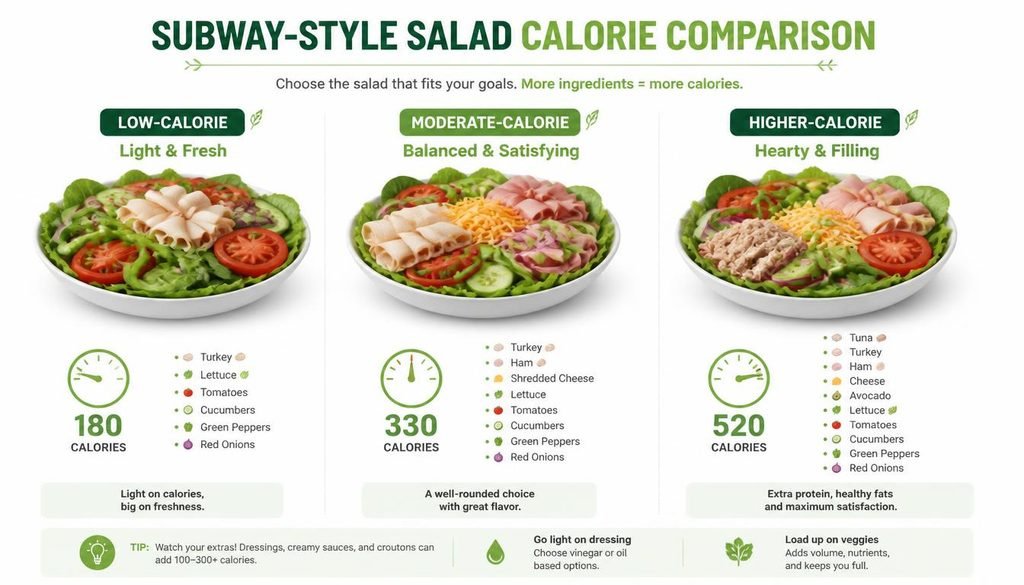Subway salad calories comparison by protein, toppings, and ingredients
