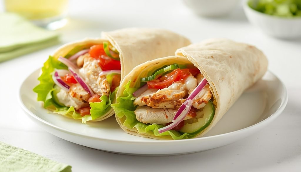 Lower calorie Subway wrap with turkey, grilled chicken, fresh vegetables, and light sauce