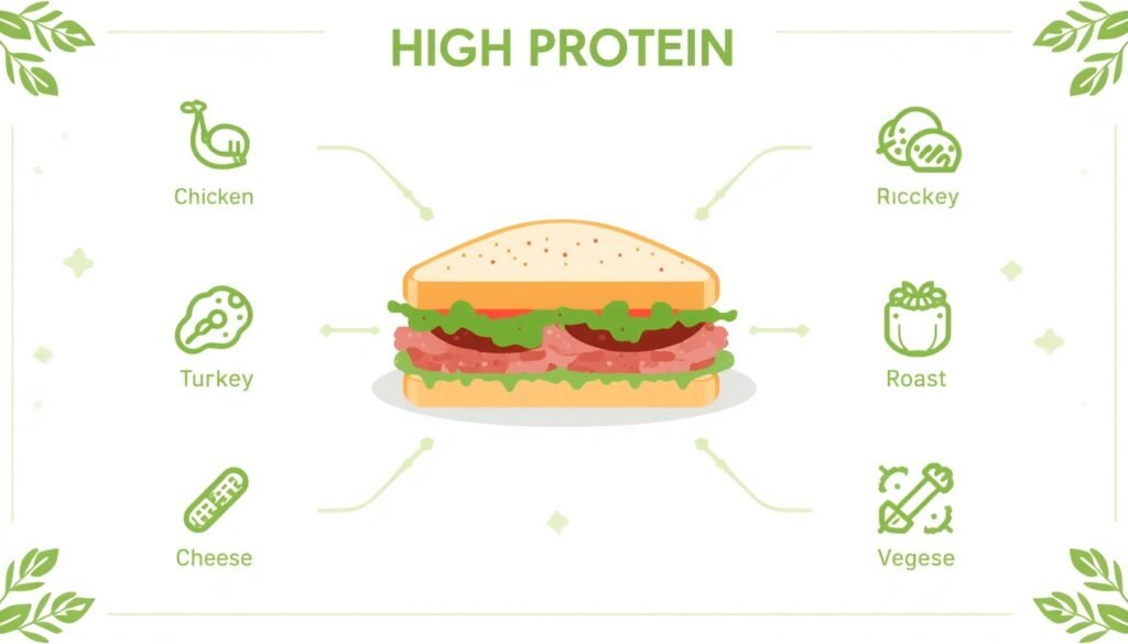 Subway sandwich protein nutrition guide showing high protein ingredients and healthy toppings