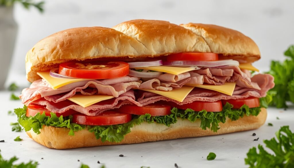 High protein Subway sandwich loaded with sliced meats, cheese, lettuce, tomatoes, and onions