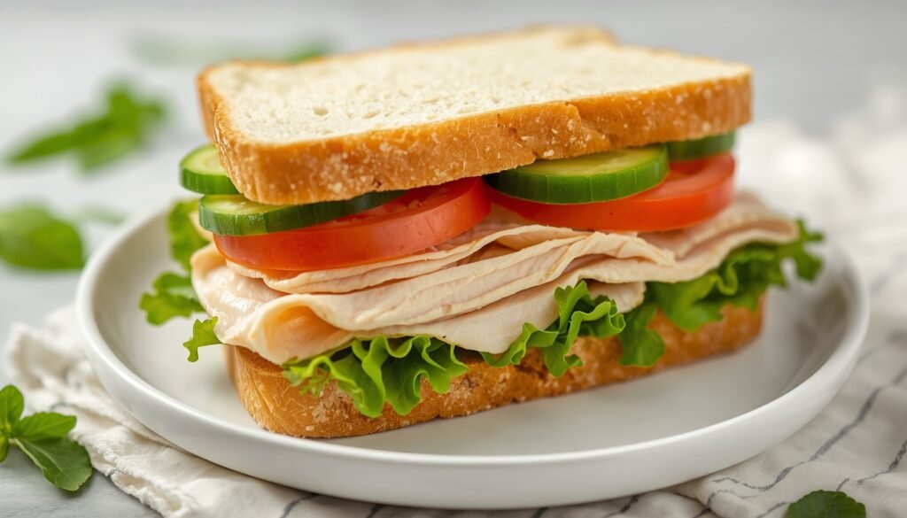 Low calorie turkey sandwich with fresh vegetables and Subway-style ingredients