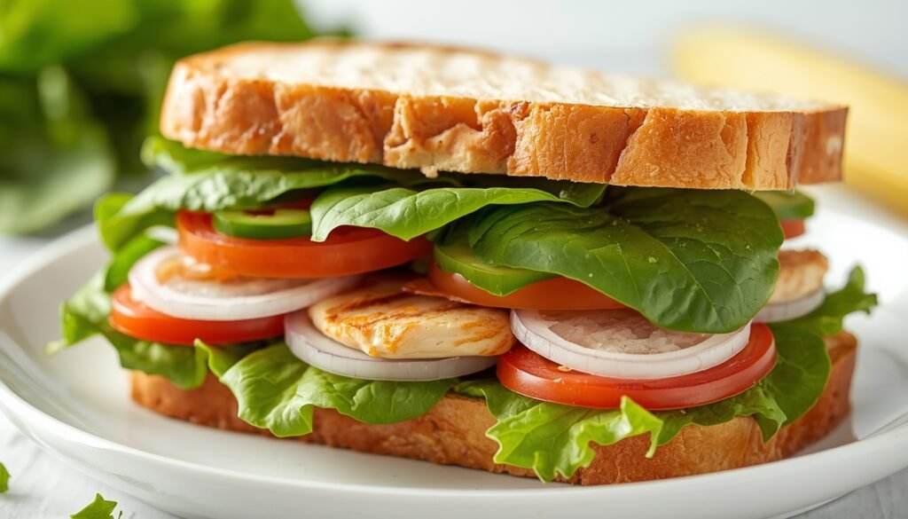 High protein Subway sandwich with chicken, turkey, lettuce, spinach, tomatoes, and vegetables