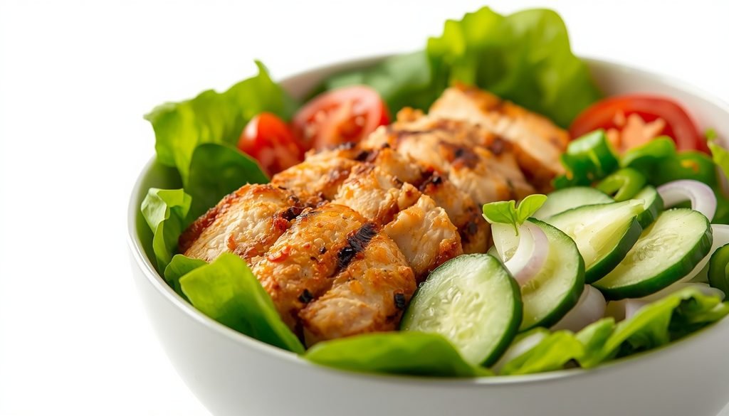High protein Subway bowl with grilled chicken, lettuce, spinach, and fresh vegetables