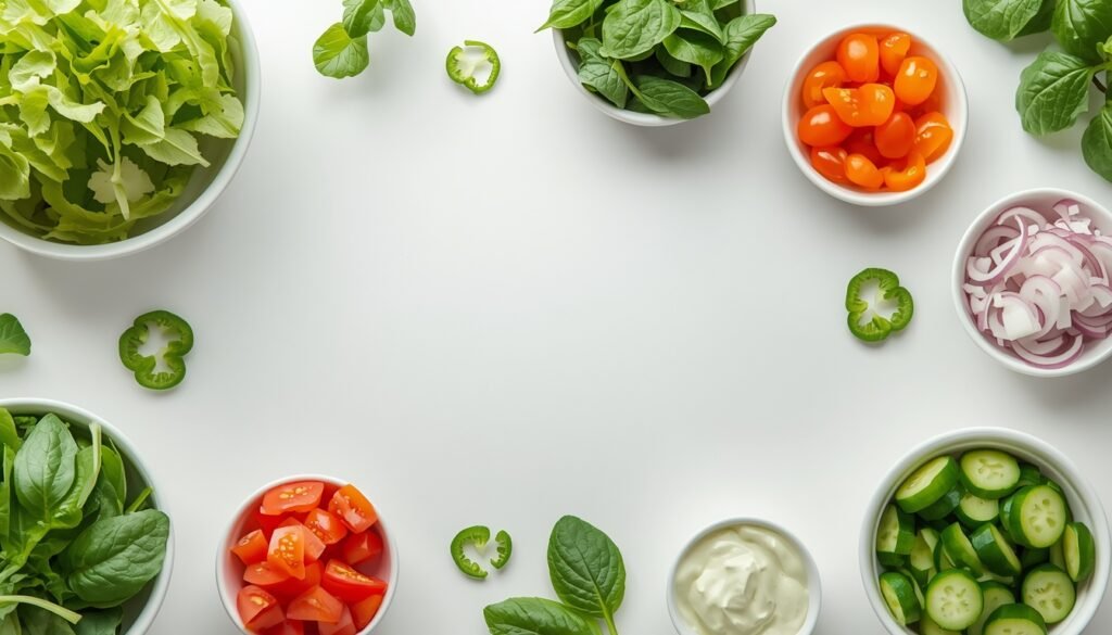 Low calorie Subway toppings including lettuce, tomatoes, cucumbers, onions, and green peppers