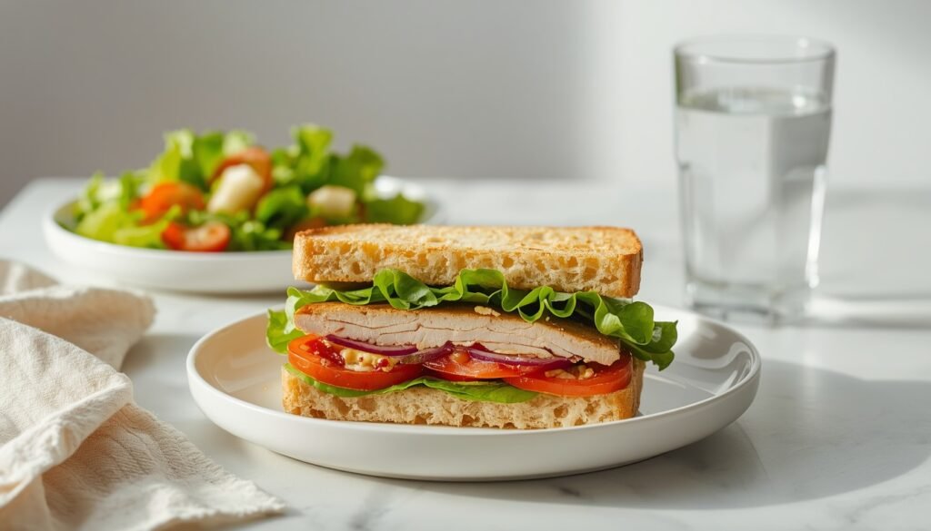Healthy low calorie Subway meal with turkey sandwich, vegetables, salad, and water