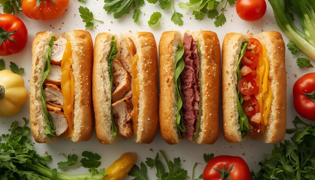 Comparison of lowest calorie Subway sandwiches including turkey, chicken, roast beef, and veggie