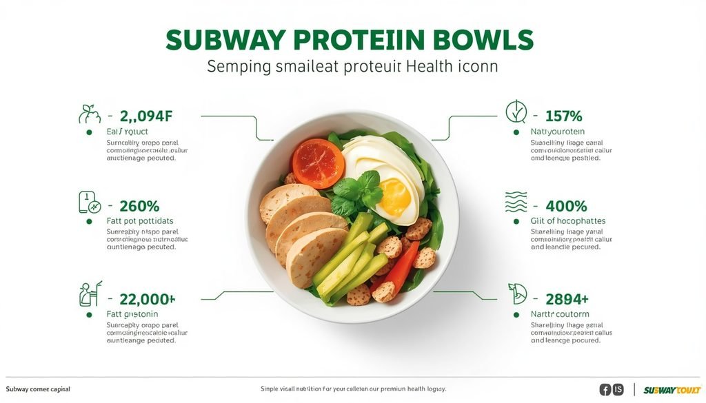 Subway protein bowl calories and nutrition infographic showing protein, carbs, fat, and fiber